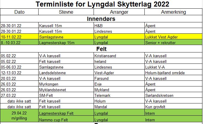 Følg med på hvilke skytestevner og interne konkurranser som arrangeres